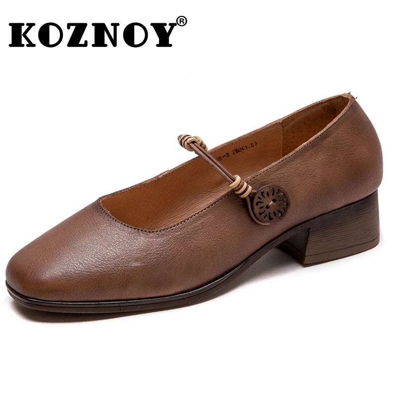 

Koznoy 3.5cm Natural Genuine Leather Pumps Autumn British Moccasins Summer Office Summer Slip on Spring Chunky Heels Women Shoes