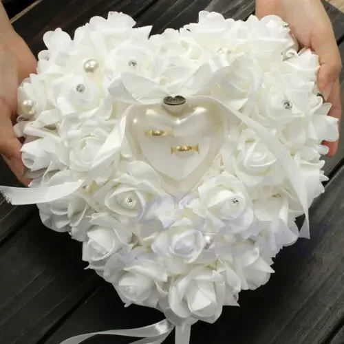 1Pcs Heart-shape Rose Flowers Valentine\'s Day Gift Ring Box Romantic Wedding Jewelry Case Ring Bearer Pillow Cushion Holder