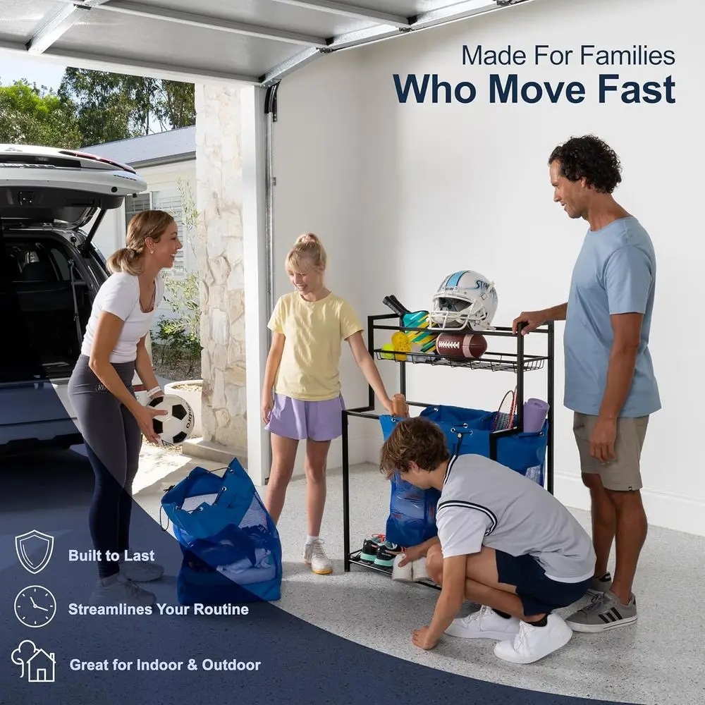 رف تخزين المعدات الرياضية الزرقاء شديدة التحمل مع حقائب محمولة للكرات والألعاب #6