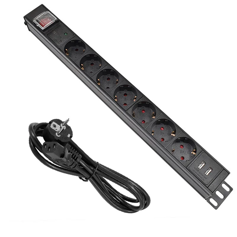 

Aluminum alloy 7 Ways PDU Power Strip EU Power Strip Socket with IEC-C14 Port Outlet extend with 2 USB Lightning protection