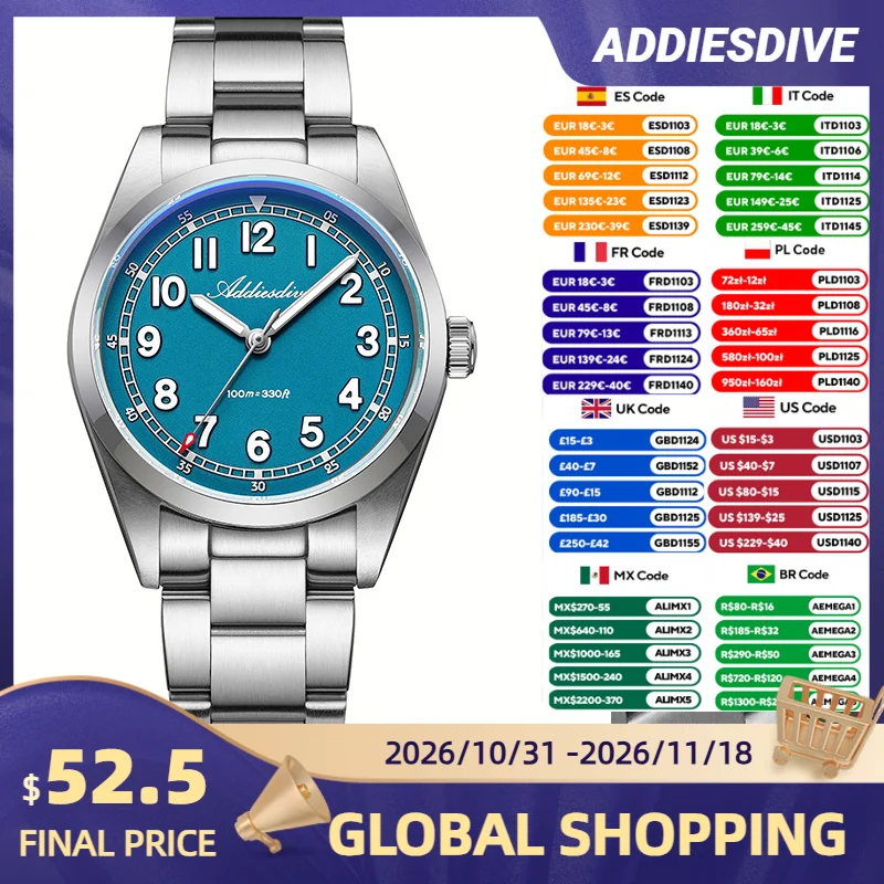 ADDIESDIVE 2025 New Men’s Luxury Quartz Watch AD2521 Ultra-Thin Sapphire Glass BGW9 Luminous 316L Steel Band 100M Waterproof
