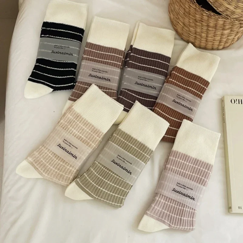 

New Striped Women Socks School Girls Knitting Cotton Long Socks Women Casual Harajuku Vintage Socks Japanese College Styles 2025