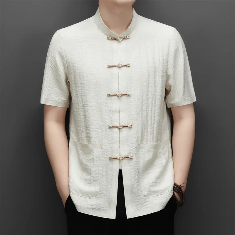 Viscose&Polyamide&Linen Shirts For Men Short Sleeve Tang Costume Summer Quality Lightweight Breathable Premium Camisas De Hombre