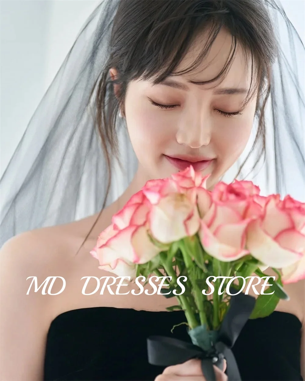 MD Black Mermaid Wedding Dresses Strapless Tulle Train Bride Gowns Pleat Korea Photoshoot Tiered with Gloves Customized 2025