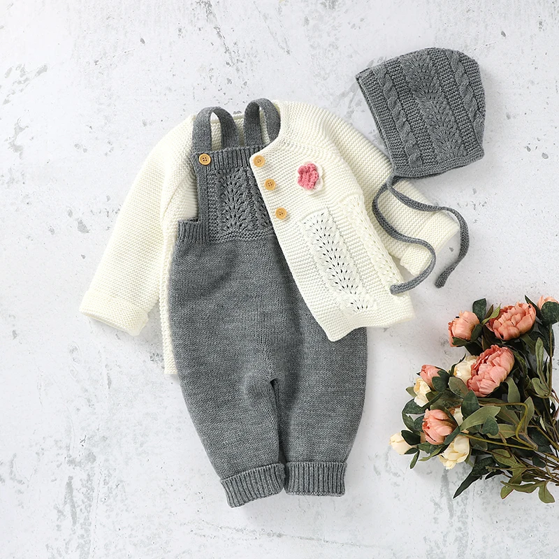 Newborn Baby Clothing Set Knitted Infant Girl Boy Jumpsuit Outfits Hat Solid Toddler Kid Long Sleeve Sweater Sleeveless Onesies