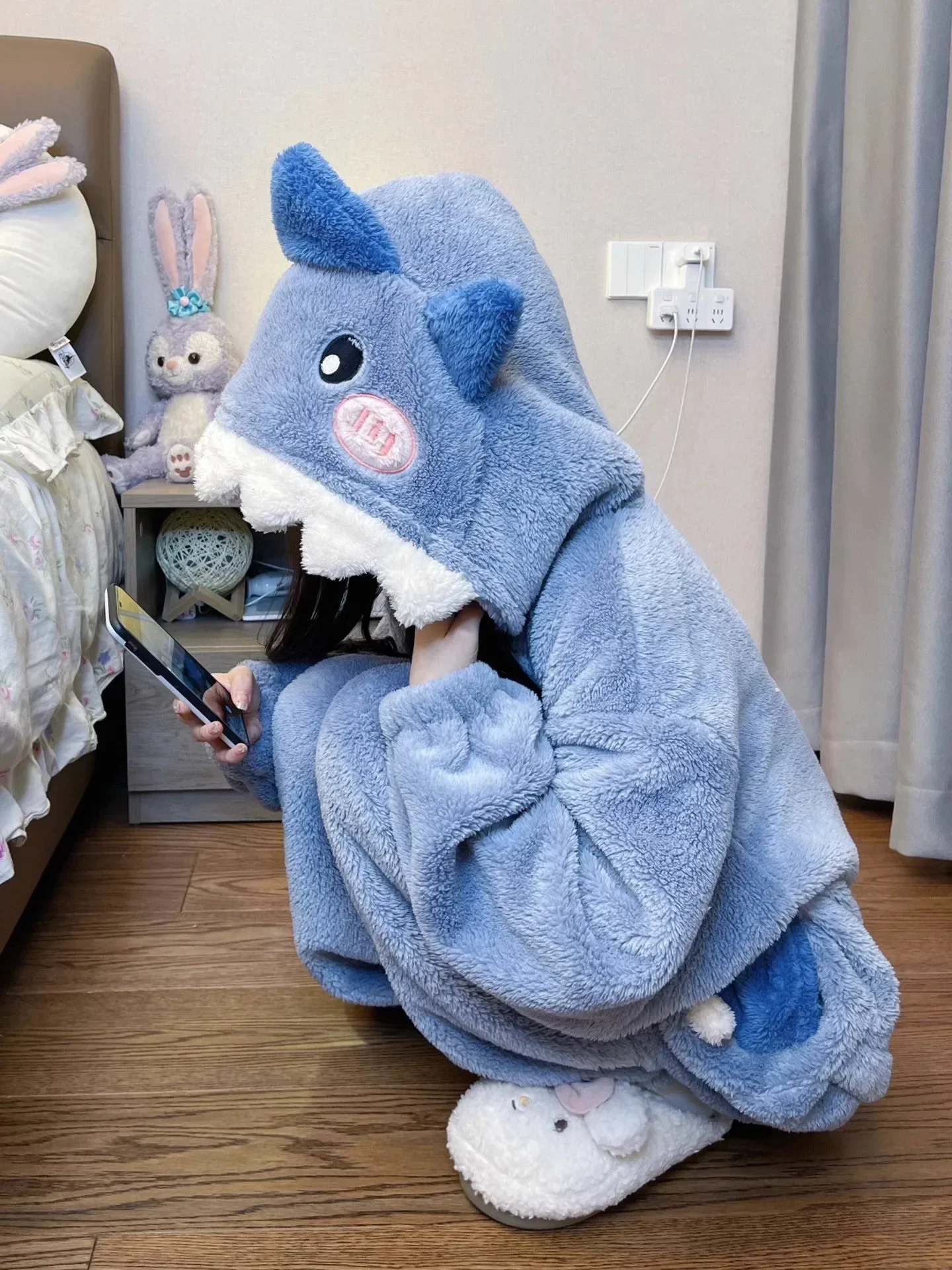 Blue Shark One-piece Pajamas Anime  Cosplay Costumes Winter Coral Fleece Warm Hooded Nightgown Full Zipper Thick Onesies