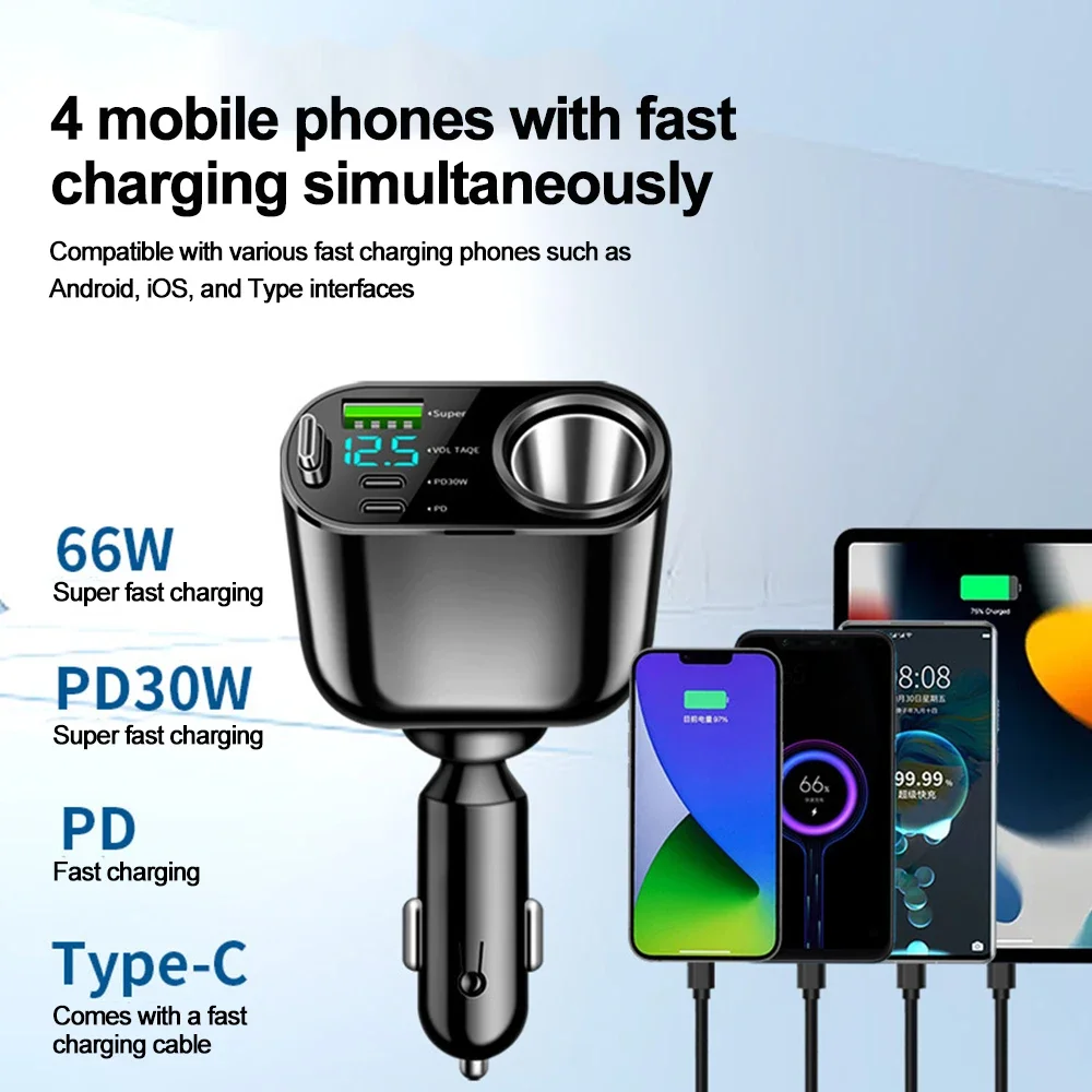 5 in 1 66W Car Charger Retractable Car Cigarette Lighter Adapter USB Type C Fast Charger Cable for IPhone Xiaomi Huawei Samsung