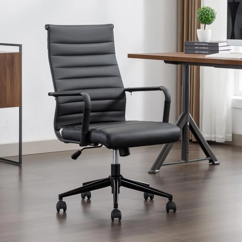 

Office Desk Chair Leather, Conference Room Chairs with Wheels, Executive Modern Ergonomic Ribbed Computer Chair(Matte Black)