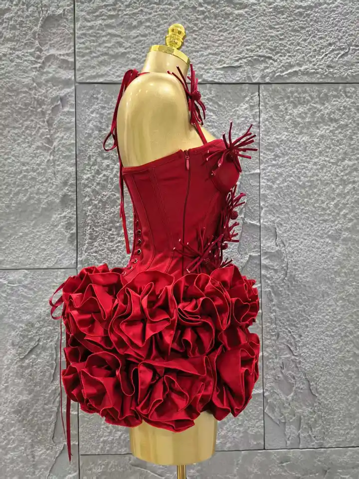Vestido rojo de mujer sexy con halter, estampado floral, 2 piezas, bodycon mini, para fiesta nocturna, club y cumpleaños 5