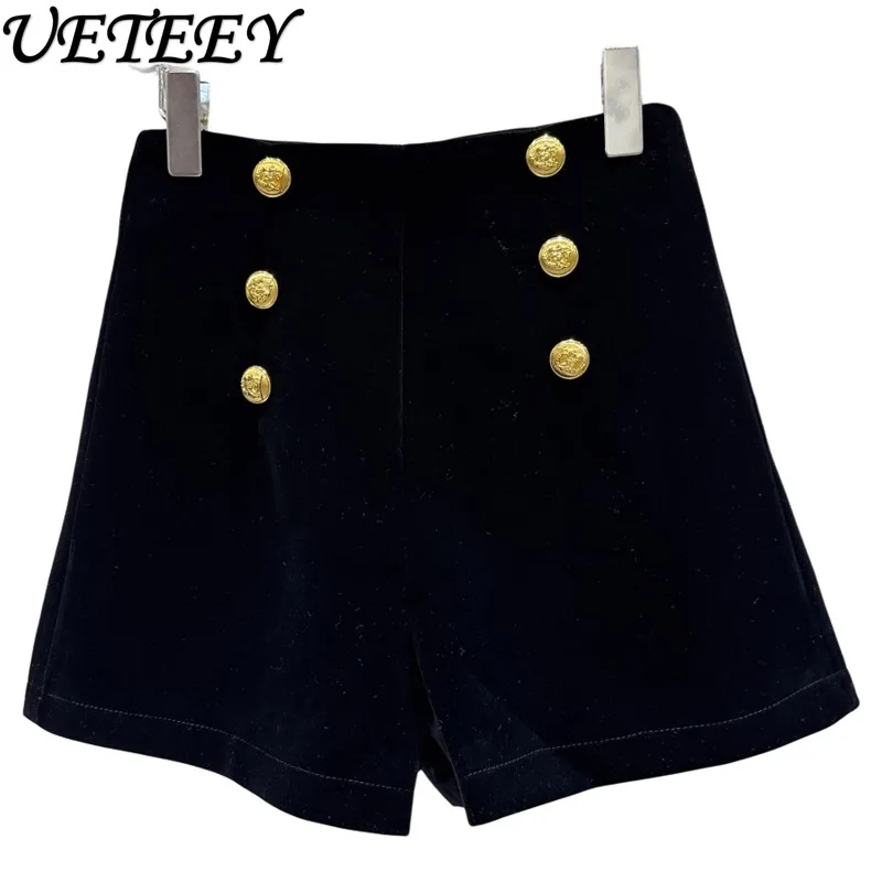 Short trois-quarts en tissu velours pour femme, pantalon court de luxe, Double rangée, boucle en métal, botte taille haute, nouvelle collection automne