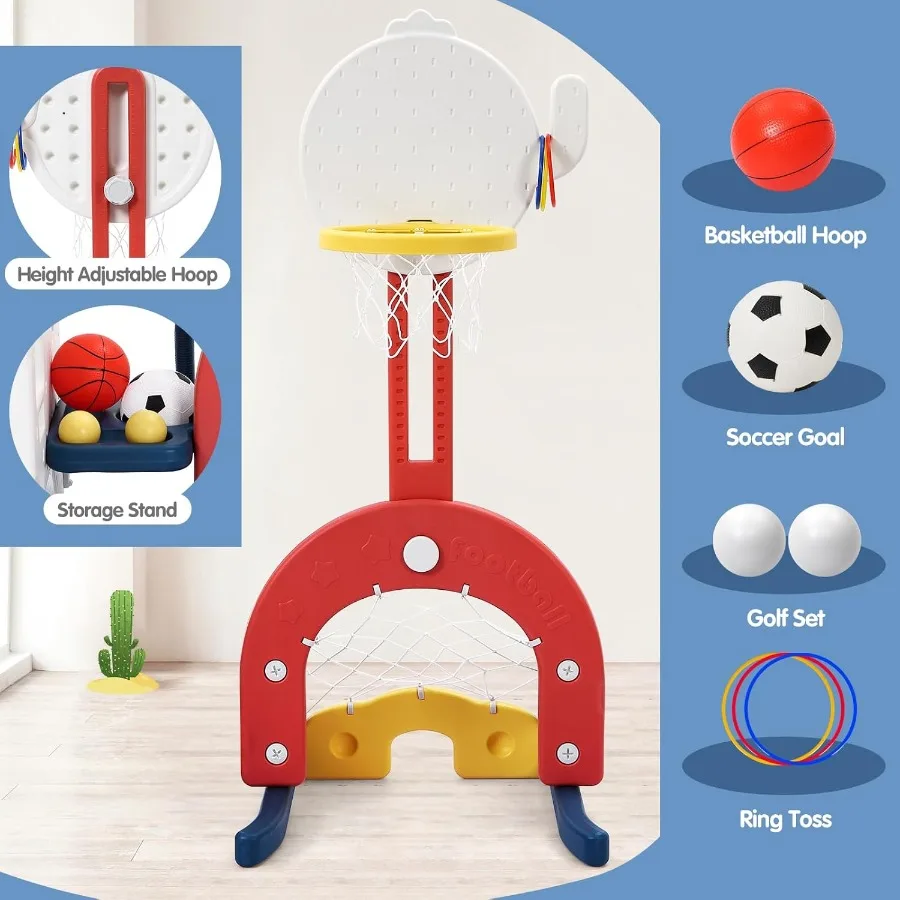 7in1 Indoor Slide en Swing Set Vrijstaande Peuter Slide Climber Speelset voor met Verstelbare Schommel Basketbalring Voetbal Gol