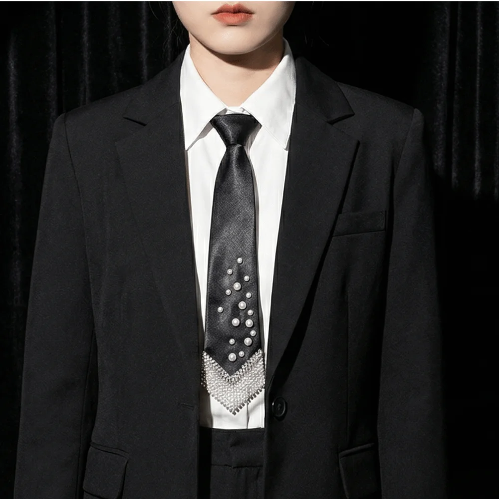 Rhinestone Pearls Tie Black Academic Style Hand-beaded Long Necktie Korean Style Geometric Decoration Shirt Tie