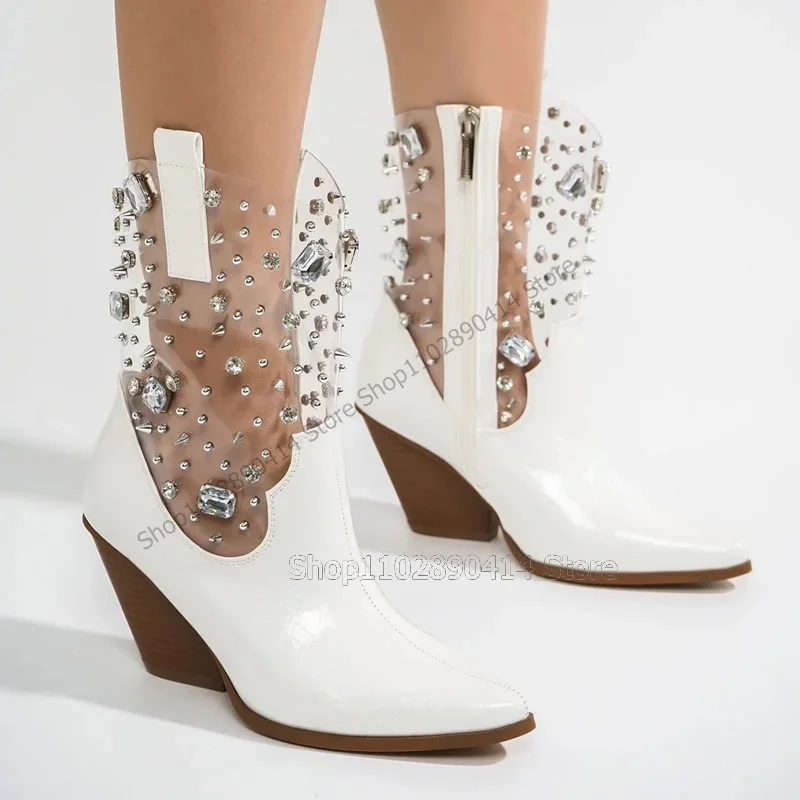 

White PVC Crystal Decor Mid Calf Pointed Toe Boots Side Zipper Women Shoes Strange Style Heels Runway 2023 Zapatos Para Mujere