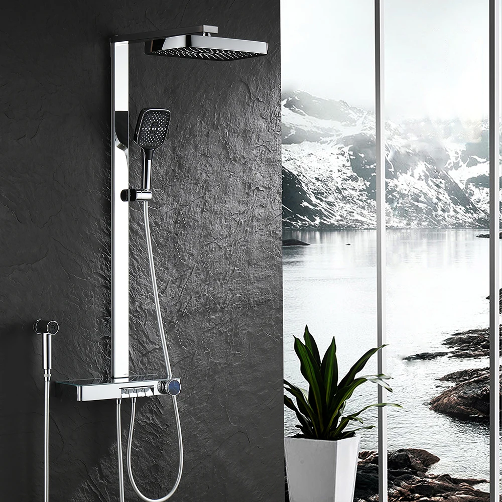 Hot Cold Piano Digital Bathroom Shower Set 12 Inch Rainfall Shower Head Wall Mounted Led Hot Cold Digital Bathroom Shower System