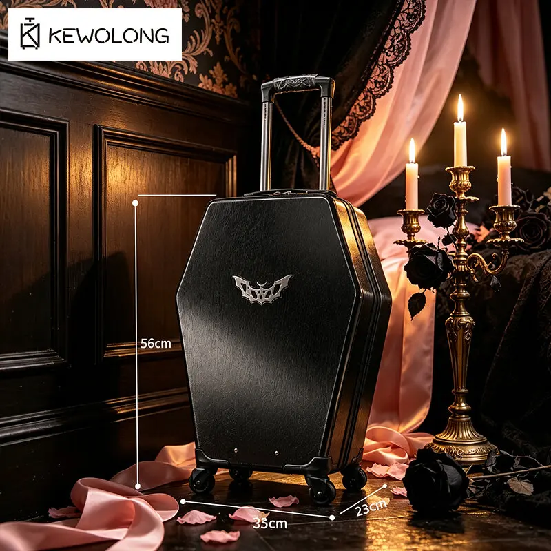 Gothic Vampire Coffin Shaped Suitcase - Black Hardshell Rolling Luggage Perfect for Goth Convention Halloween Cosplay Trunk