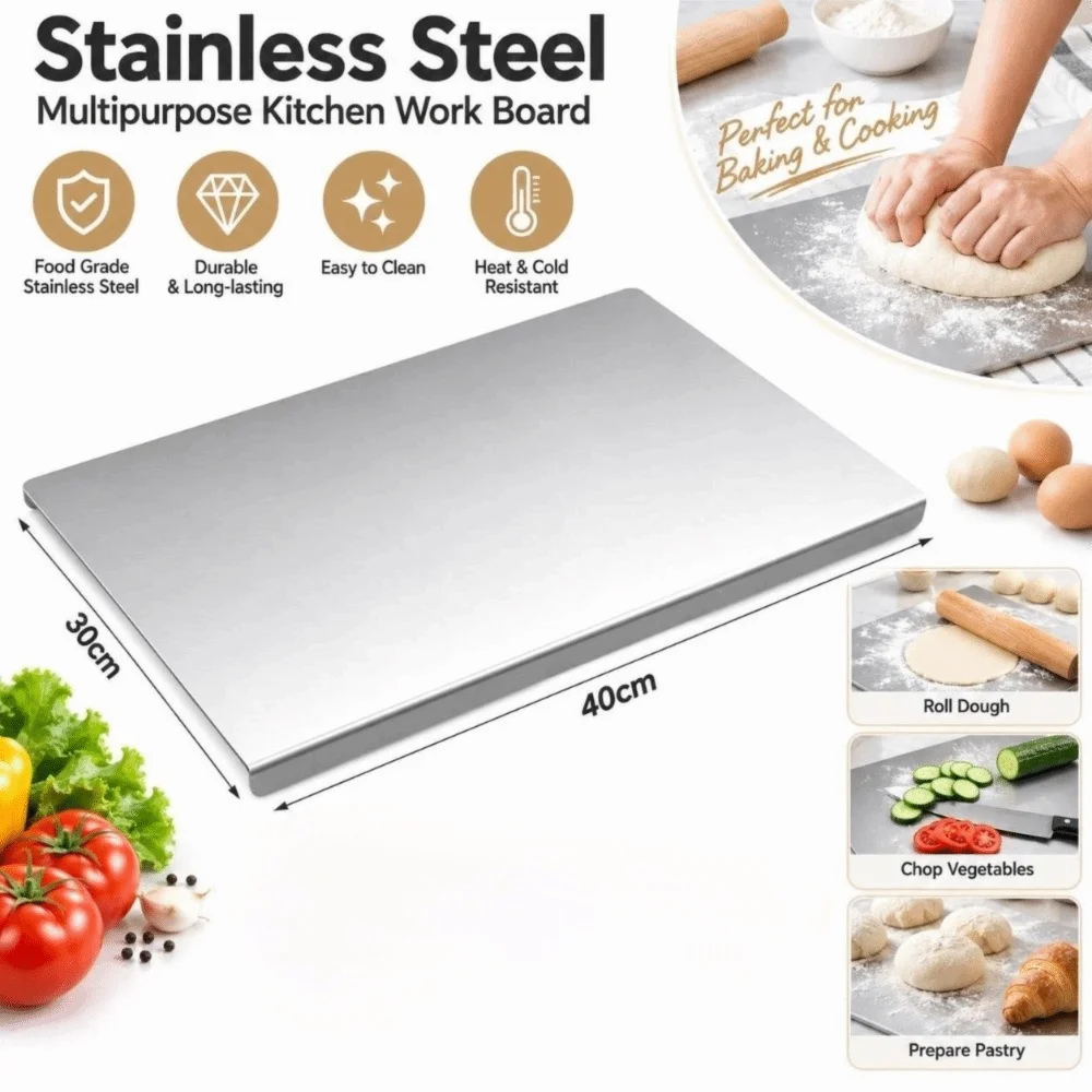 304 Stainless Steel Cutting Board Silver Non-Slip Edge Metal Chopping Board Multi-functional Easy to Clean Baking Pastry Board
