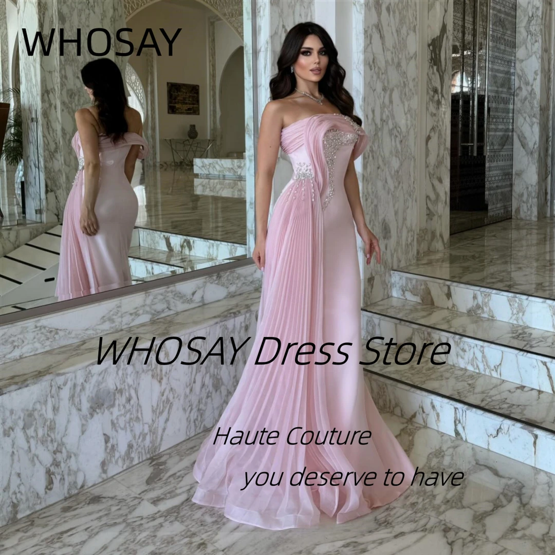 

WHOSAY Pink Prom Dresses with Beaded One Shoulder Evening Dress Pleats Long Flutters Special Banquet Women Wear Gowns Customized