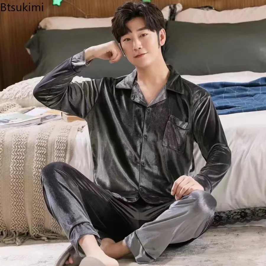 2025 New Men's Long Sleeve Pants Pajama Sets High-end Luxury Gold Velvet Homewear 2 Piece Sets Loose Lounge Sleepwear Suit Male