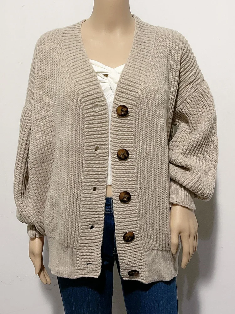 秋冬カジュアルルーズランタンスリーブニットカーディガンセーター女性用新作ファッション長袖ボタン付きロングセーターコート