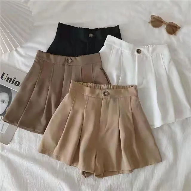 

Girls' Summer New Wide Legged 2024, Big Kids Loose High Waist One Button Solid Color Pleated Suit Shorts