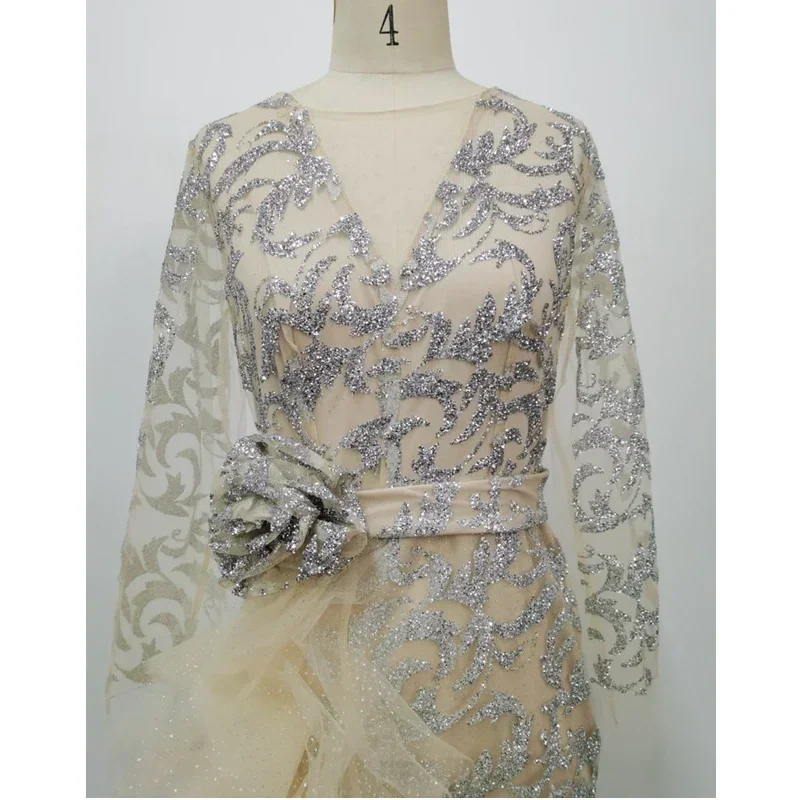 Women Party Dress Sequin Slim Bow Long Sleeve Banquet O-neck Lady Mesh Elegant Dinner Clothing Lugentolo