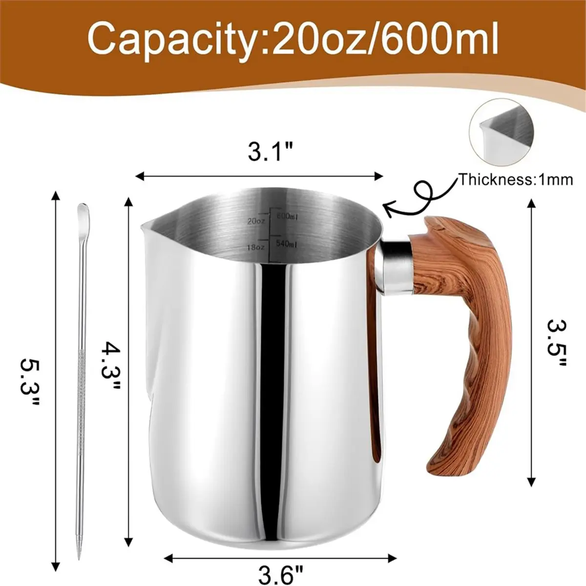 Utility Design Stainless Steel Milk Frothing Pitcher 20oz(600ml) Espresso Steaming Pitcher with Anti-Scald Handle for Coffee,Cap
