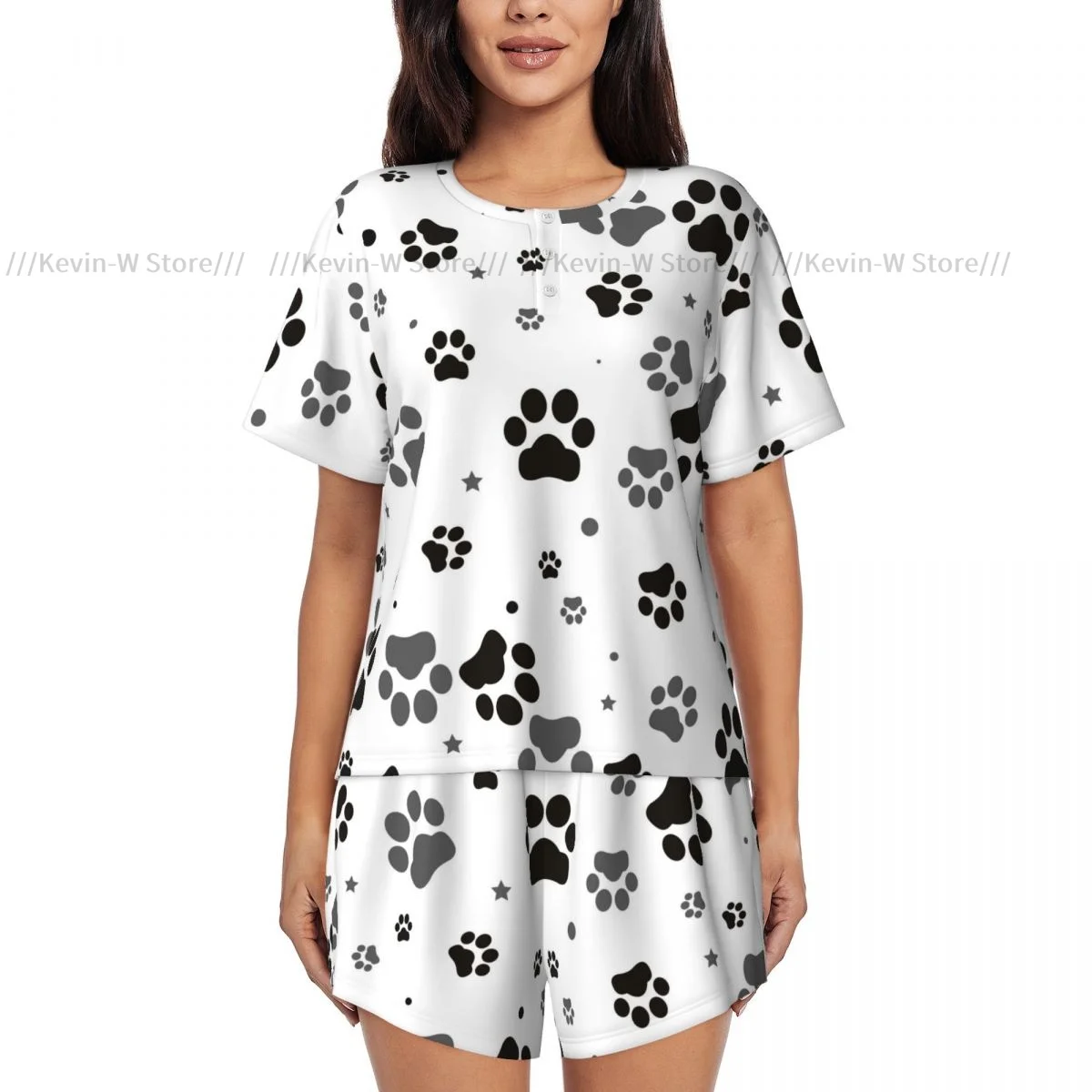 Conjunto de pijamas femininos manga curta traços de pegada de gato pijamas loungewear para roupa de dormir de verão
