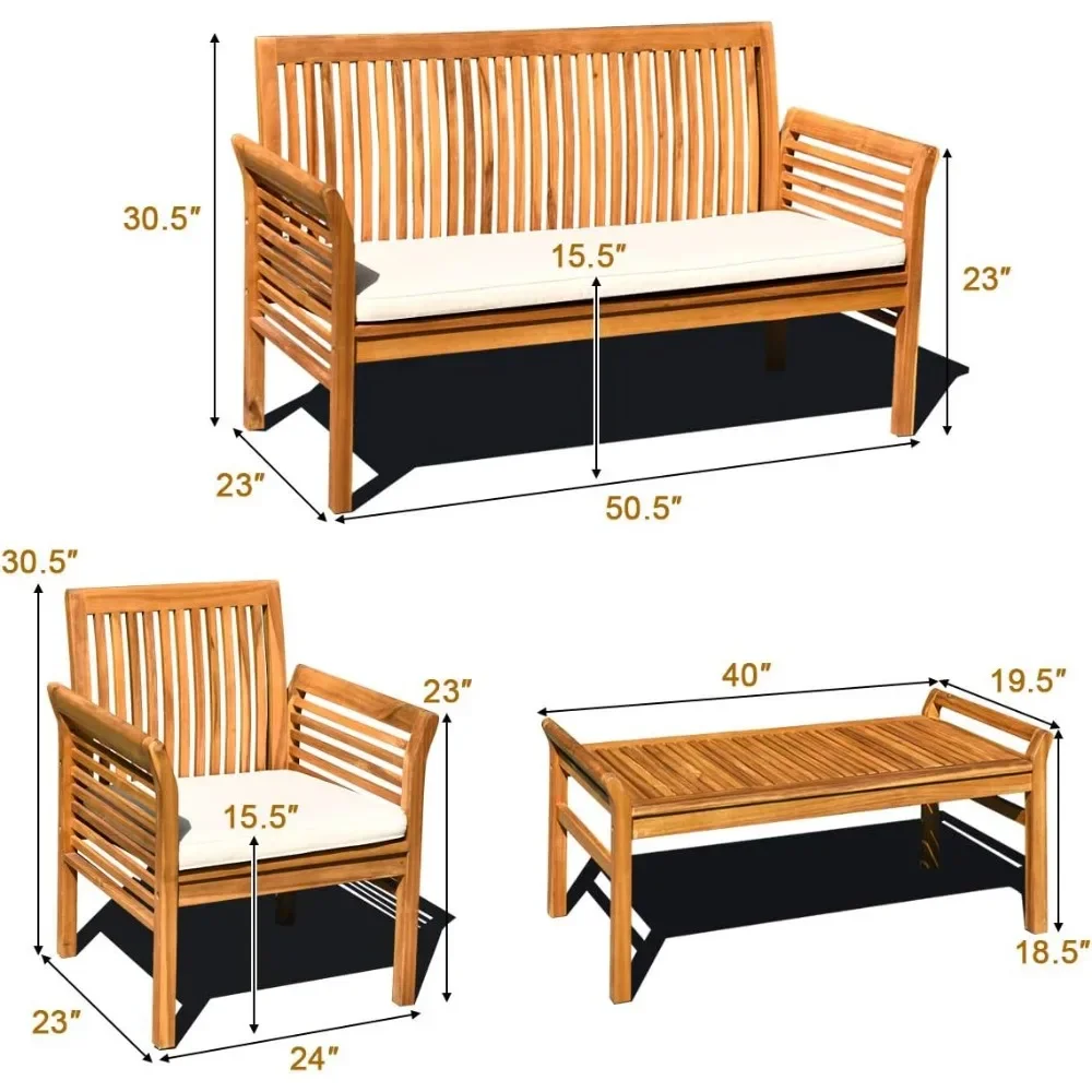 Ensemble de table et de chaises d'extérieur, ensemble en bois de 4 pièces avec coussins de degré d'eau, ensemble de table et de chaises d'extérieur