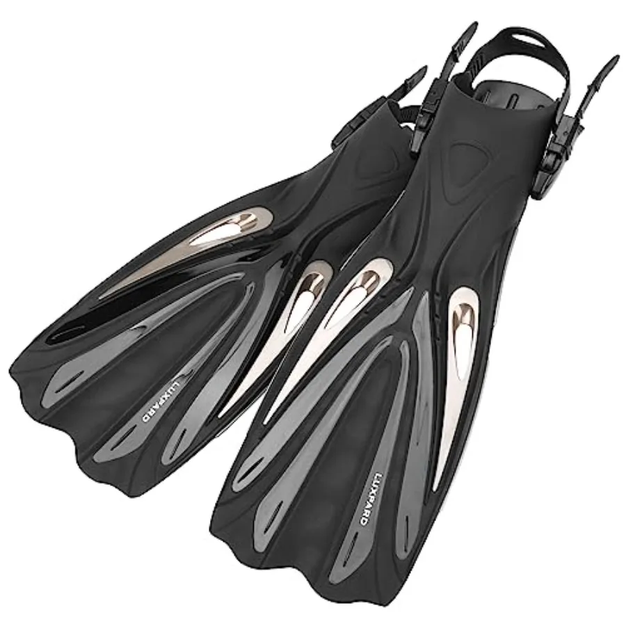 Scuba diving fins for underwater sports, rubber and thermoplastic elastomer, black with yellow accents, open-heel design with a