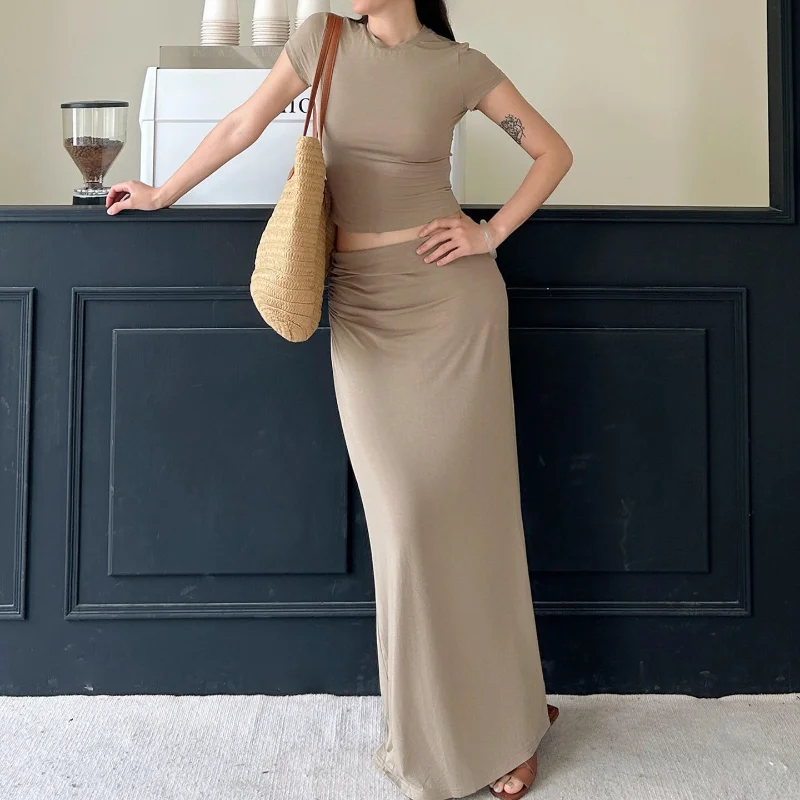 Sexy Spicy Girl Khaki Color T-Shirt Set Women Summer Short Sleeve Slim Fit Top Half Skirt Two Piece Set Casual Fashion Ensemble