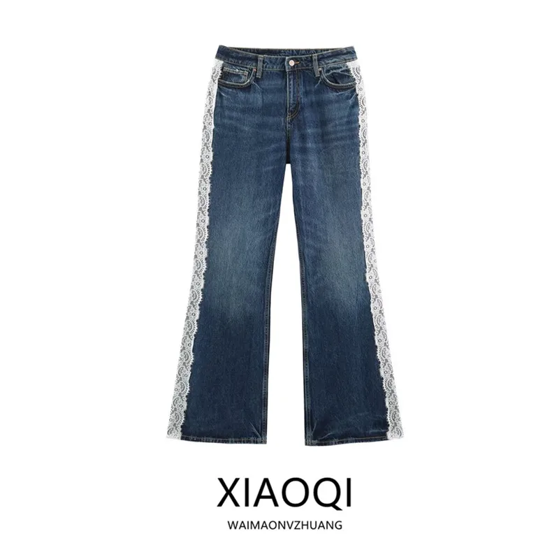 Fall 2026 High Waist Bell Bottom Denim Jeans Women's Fashion Lace Side Insert New Arrival Ladies Premium Jeans High Waist