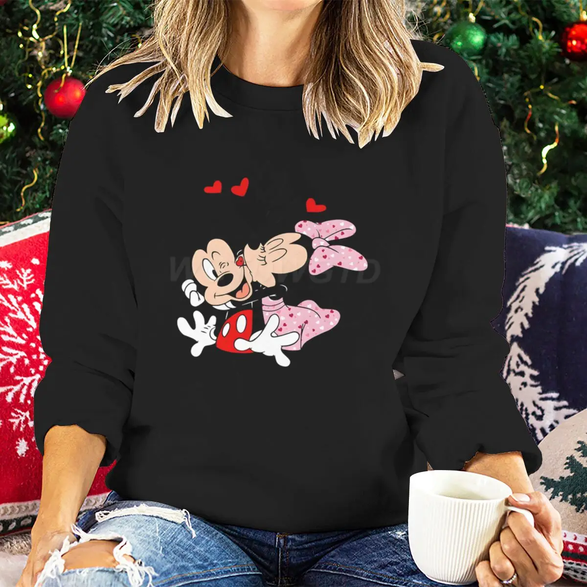 San Valentino Topolino Minnie Kiss Love Maglione Coquette Bow Minnie Mouse Felpe festive San Valentino Cuore Pullover a maniche lunghe