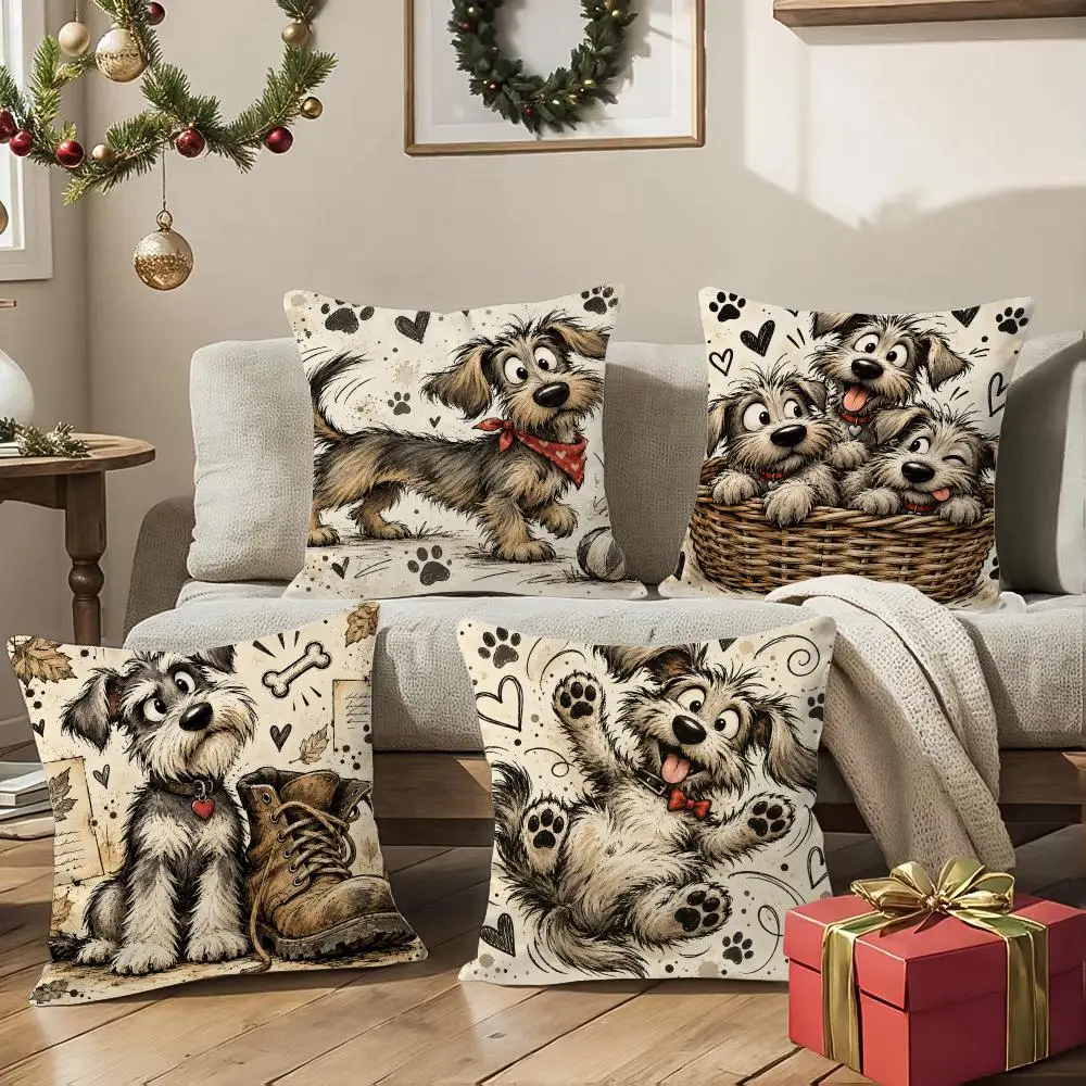 Scruffy Dog Sketches Cushion Cover 1/4Pcs Soft Plush Cushion Case Throw Pillowcase Cozy Home Sofa Bed Living Room Decor