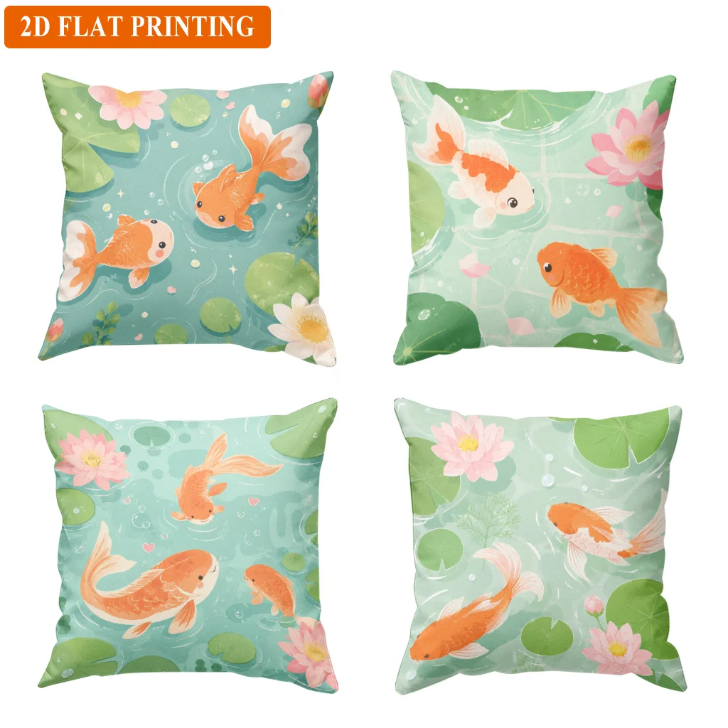 4pc Tropical Floral Fish Pillow Covers Cushion Set for Sofa Throw Pillows Summer Coastal Home Decor Printed