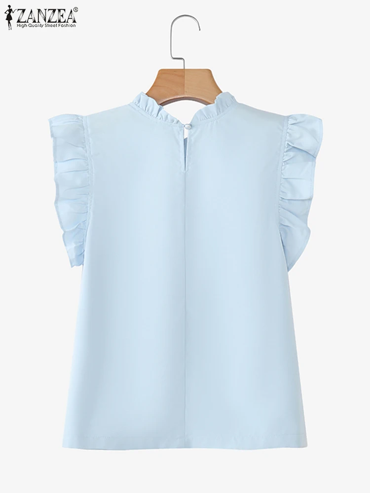 2025 zanzea feminino babados regata verão sem mangas camisetas elegantes elegantes topos casuais soltos cor sólida camis o-pescoço topo coreano