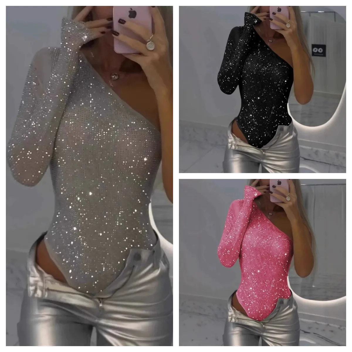 Fashion Sequins Hot Girl Bodysuit Women Sexy One Shoulder Tight Rhinestone Slim Fit Chic Bodysuit Lady Club Gala Sequin Top 2025