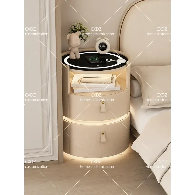 Cream Smart Round Bedside Table Solid Wood Small Cabinet with Charging Port for Bedroom Household Furniture 2026 Trendy Niche