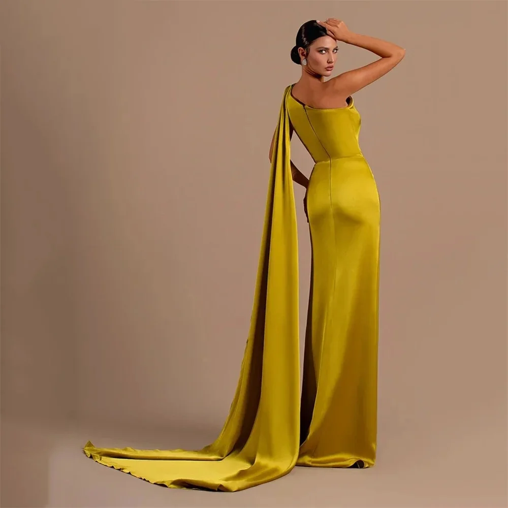 Prom Dress Sleeveless One Shoulder Satin Evening Dresses Sexy Side High Split Party Dress With Pleats Gold Robe De Soirée