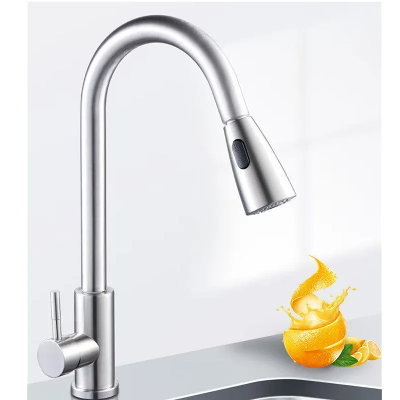

Stainless Steel Kitchen Faucet Single Hole Pull Out Spray 360° Swivel Sink Faucet High Arc Modern Design