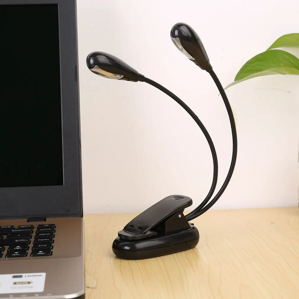 Lampu meja klip hitam yang dapat disesuaikan, lampu meja pelindung mata lampu jepit 4 LED lengan fleksibel ganda 2 klip hitam