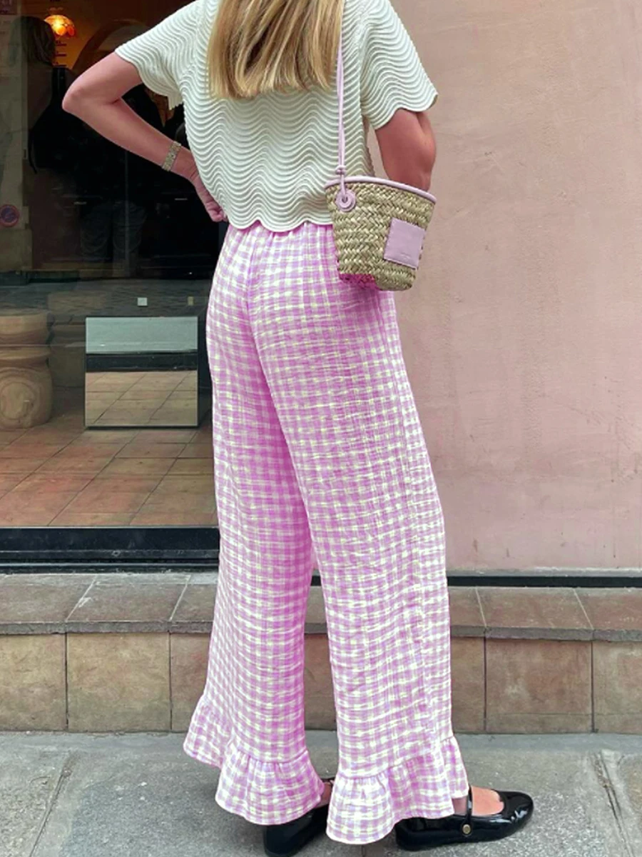 2024 Fashion Plaid Flared Pants Women y2k Vintage Ruffle Hem Pleated High Waist Pants Summer Straight Leg Holiday Trousers