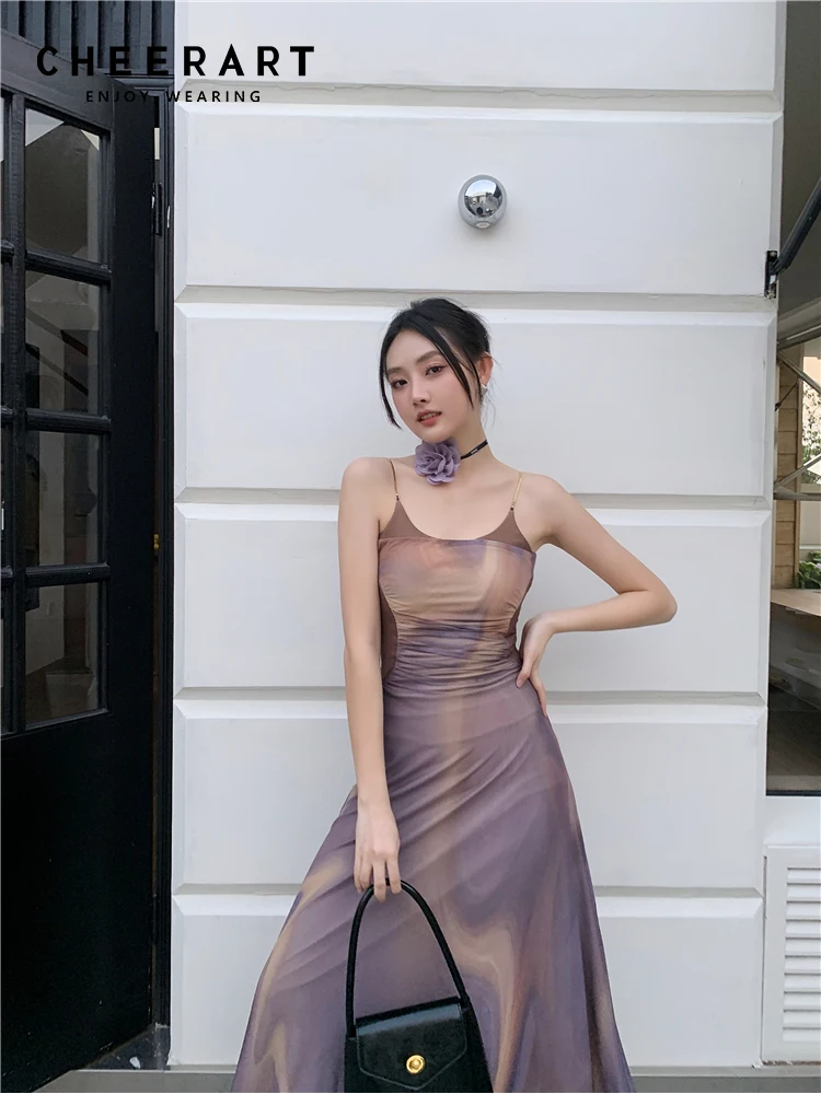 CHEERART Oil Painting Purple Backless Long Beach Dress For Women 2023 Vacation Outfits Bodycon A Line Ladies Midi Slip Dress