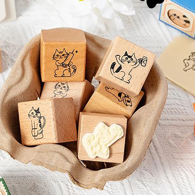 Stempel karet kayu Retro Kawaii lucu kartun kucing hitam kecil DIY dekorasi cap kreatif buku harian cap tangan segel hadiah