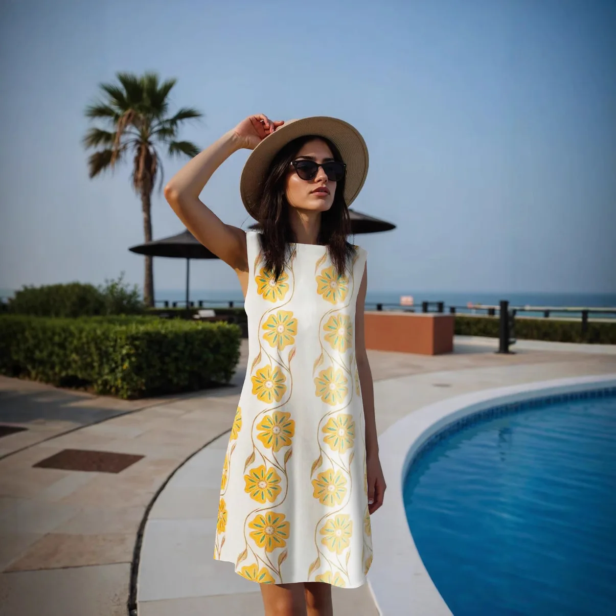 Robes mi-longues d'été pour femmes, sans manches, col rond, fleur, robe de plage, vacances, tenues de plage, 2025