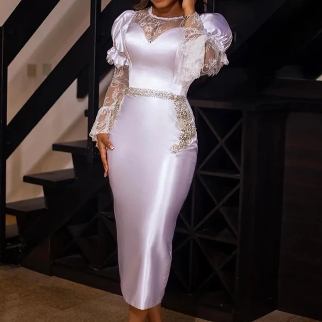 

Sheath Tea Length Puff Illusion Long Sleeve Bridal Beading Mother Dress O-Neck Satin and Lace Wedding Dress Customized