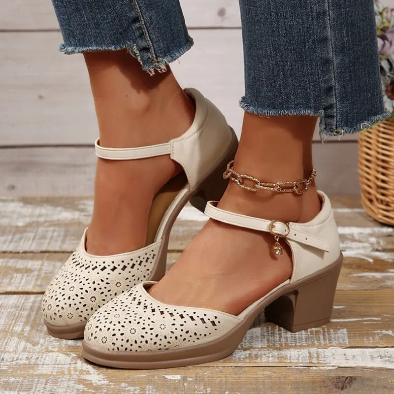 Knöchelriemen High Heels Sandalen für Damen 2026 Sommer Ausgehöhlte Atmungsaktive Pumps Bequeme Mary Jane Schuhe mit Blockabsatz