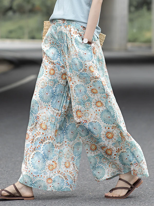 

High-End Linen Artistic Vintage Printed Loose Wide Leg Pants Nine Casual Cotton Linen Skirt Pants Women's Comfortable Trousers