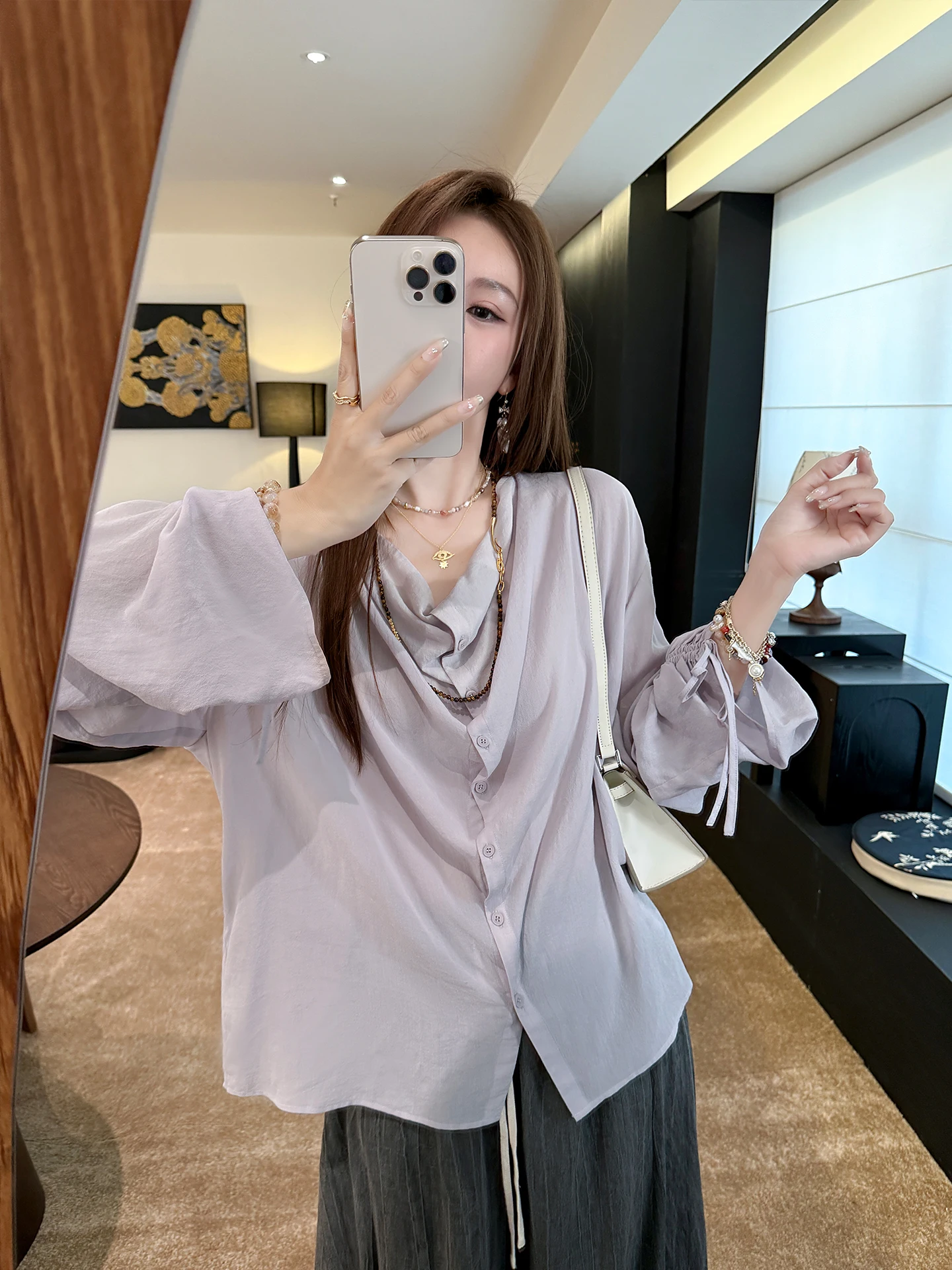 

Женская повседневная рубашка свободного кроя с длинным рукавом и принтом «Purple Star Random Pose» от Zhang ei, стандартная длина