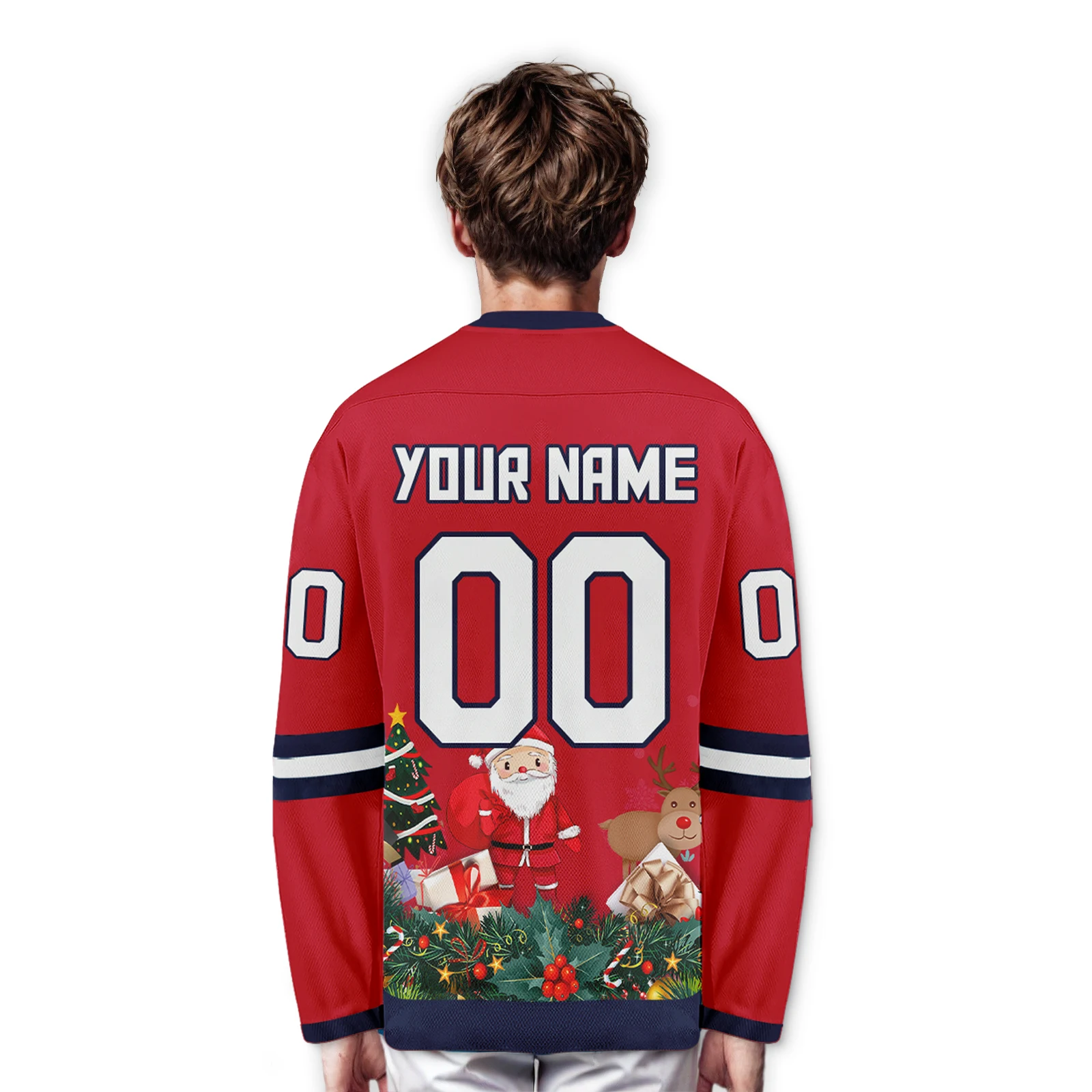 Red-Navy Personalized Christmas Hockey Jerseys with Team Name Number Custom Santa Hockey Shirt Men Women Youth Kids Gifts