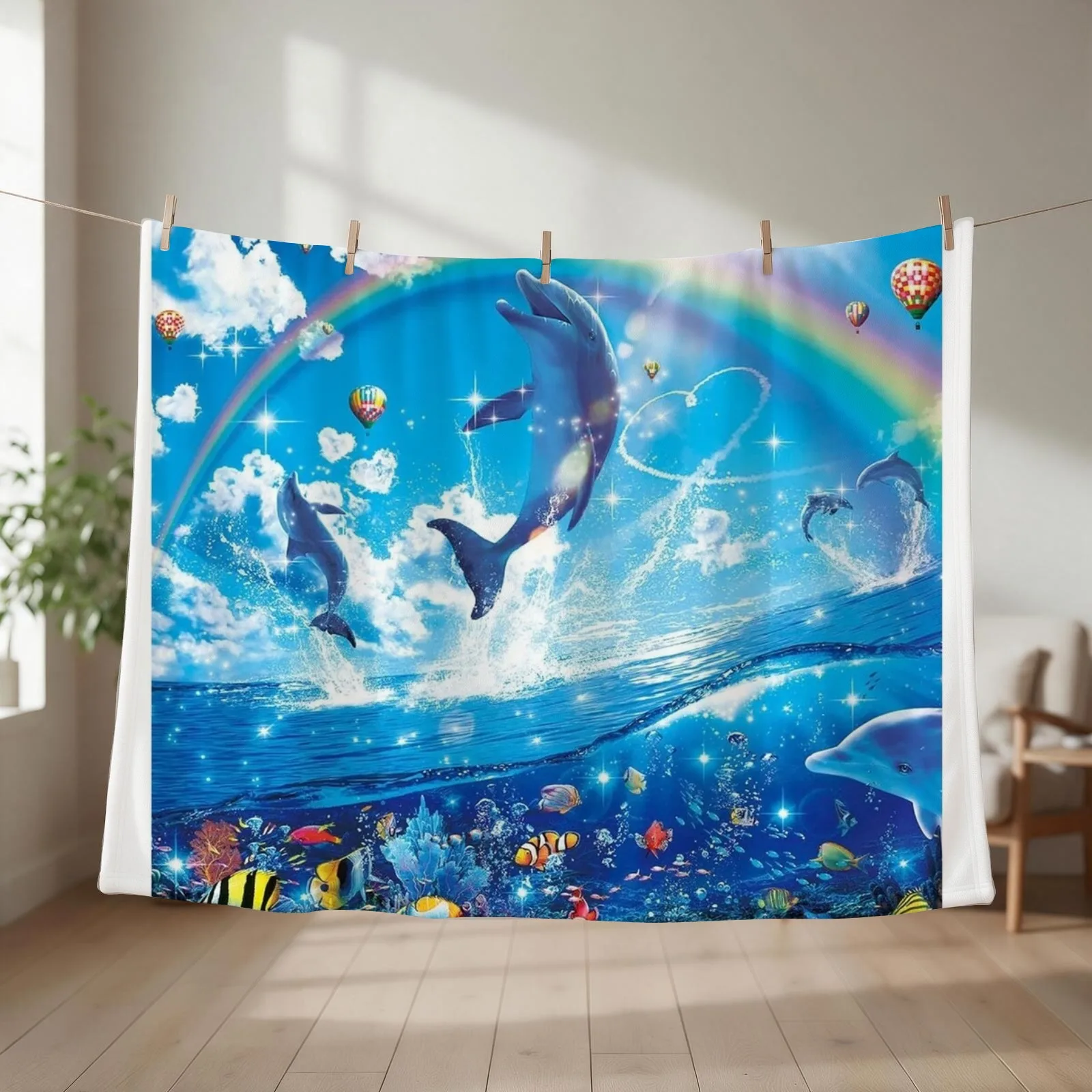 Symphony Dolphins Frutiger Aero Throw Blanket Travel Beach Flannel Fabric Heavy Blankets